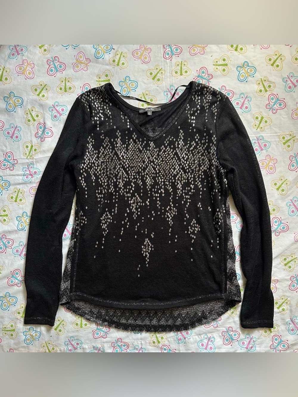 Miss Me Black & Silver Grunge Rhinestone Embellished Long Sleeve Top - Picture 4 of 6